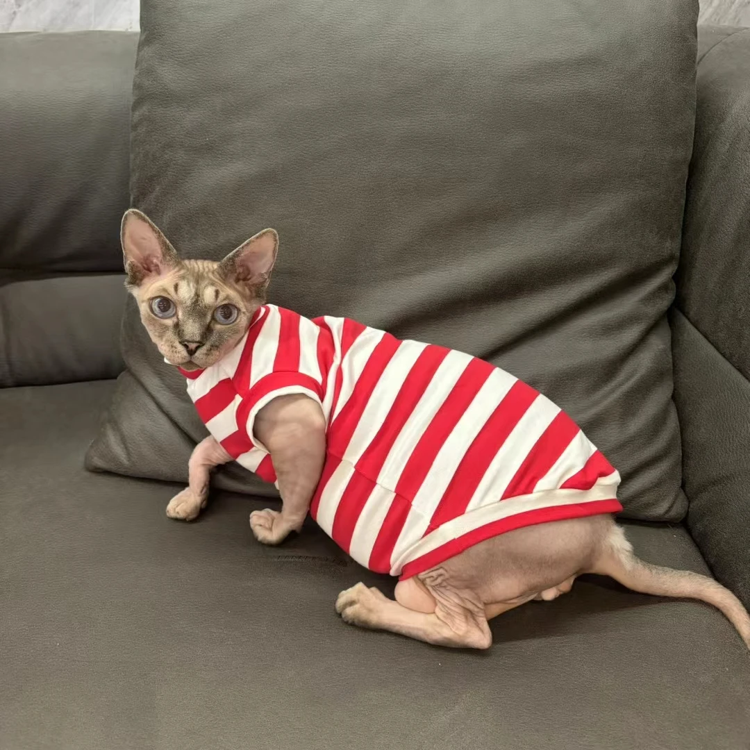 Striped Cotton Sleeveless Shirt for Sphynx Cat SummerSoft Elestic Coat for Kittens Dogs Blue Loungewear for Devon Rex in Spring