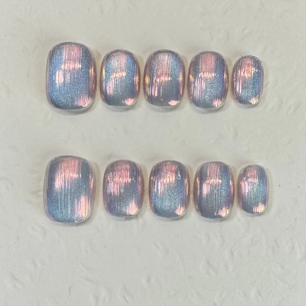 10개입 심플 숏 스퀘어 핸드메이드 네일아트 블루 핑크 오로라 디자인 가짜 네일..