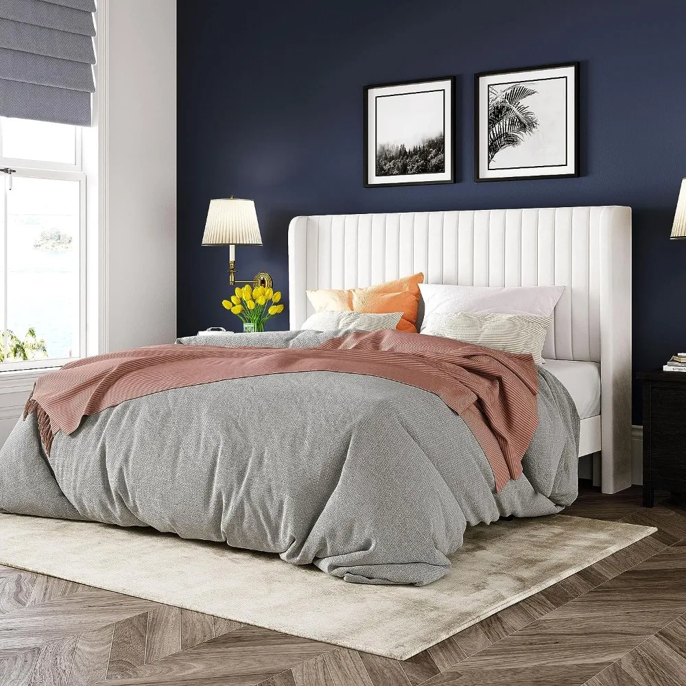 

Queen Size Velvet Bed Frame/Vertical Channel Tufted Wingback，Headboard/Upholstered Platform Bed/Wooden Slat/No Box Spring Needed