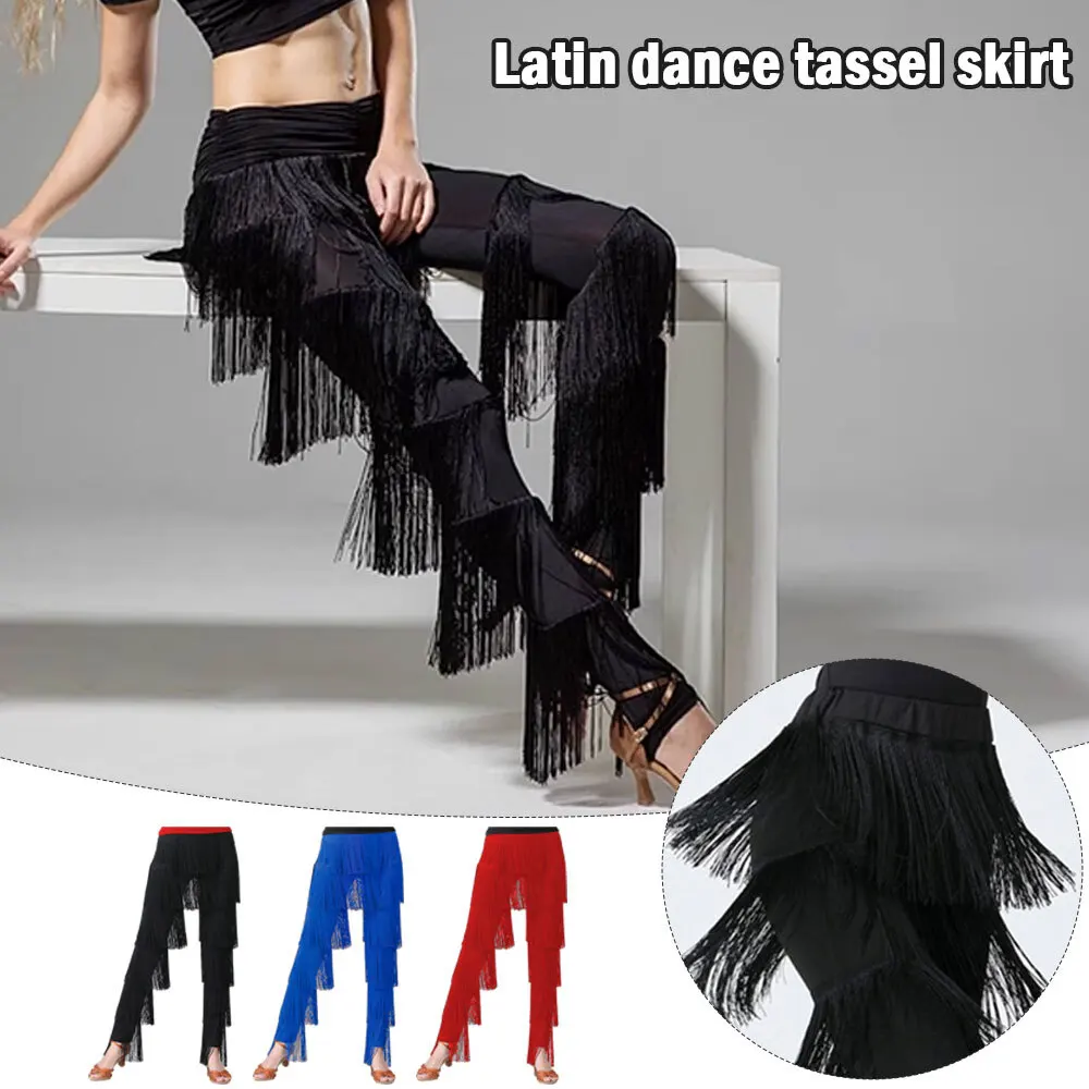 Dance Pants Womens Dancewear Elastic Waistband Tassel Latin Dance Tango Cha-Cha Performance Costume Tiered Fringed Trousers
