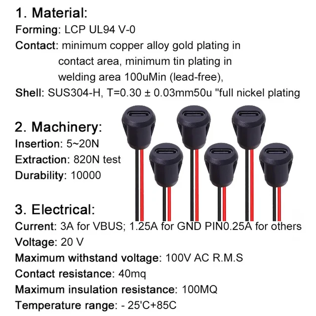 2Pin USB C Female Connector Waterproof Type-C Socket Jack 3A Fast Charge Power Pigtail Cable for Car Auto Panel Mount DIY Port 4