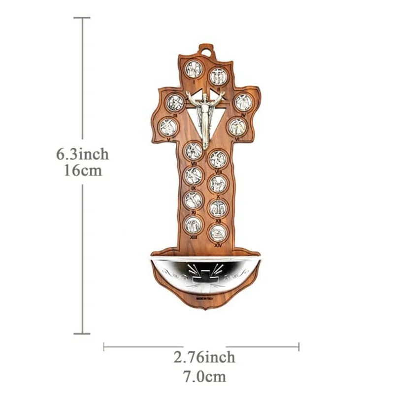 14 Bitter Road Holy Water Pools Olive Wood Wooden Wall Cross for Church and Home Decor 16x7cm
