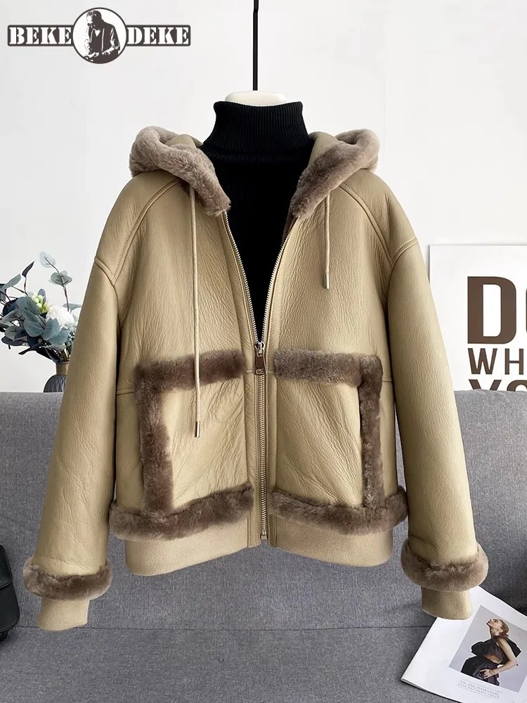 

Winter New Genuine Leather Real Fur Coat Women Hooded Sheepskin Shearling Short Jacket Zip Thick Warm Wool Liner Female Overcoa