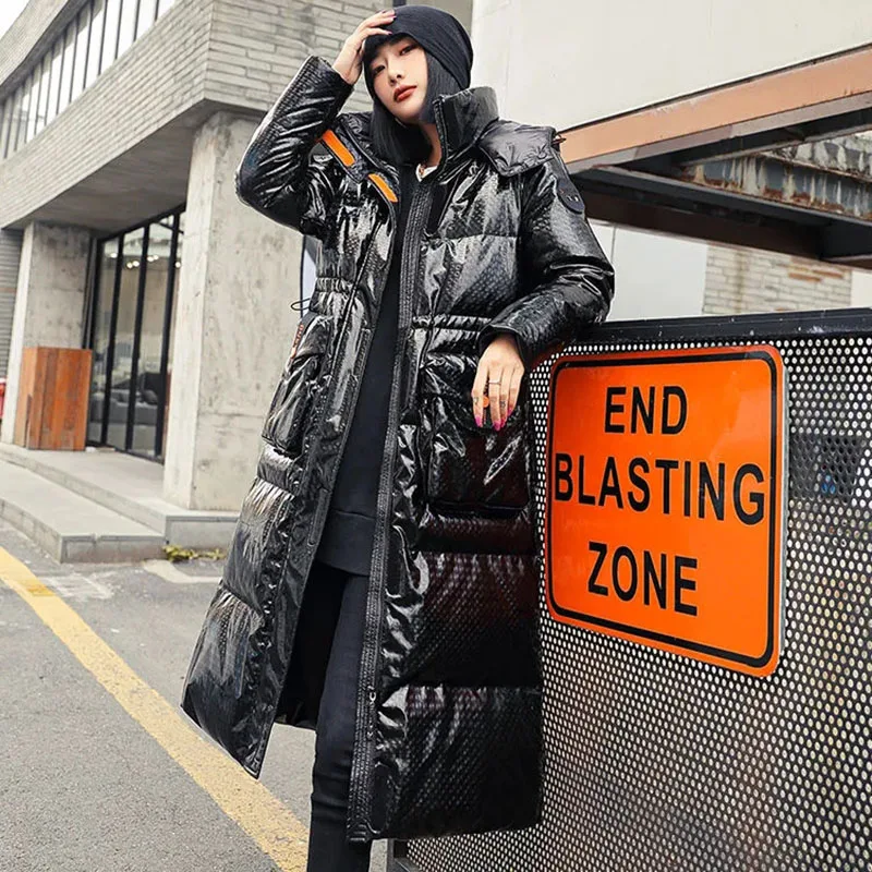 

New Winter 90% White Duck Down Coat Women Long Glossy Down Jacket Loose Warm Hooded Parka Overcoat Female Casual Snow Jackets