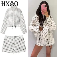 HXAO Polka Dot Short Sets Women's Two Pieces Set Women's Long Sleeve Top Jacket 2 Pieces Set For Woman High Waist Short Outfits
