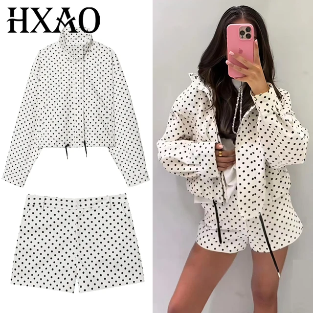 HXAO Polka Dot Short Sets Women's Two Pieces Set Women's Long Sleeve Top Jacket 2 Pieces Set For Woman High Waist Short Outfits