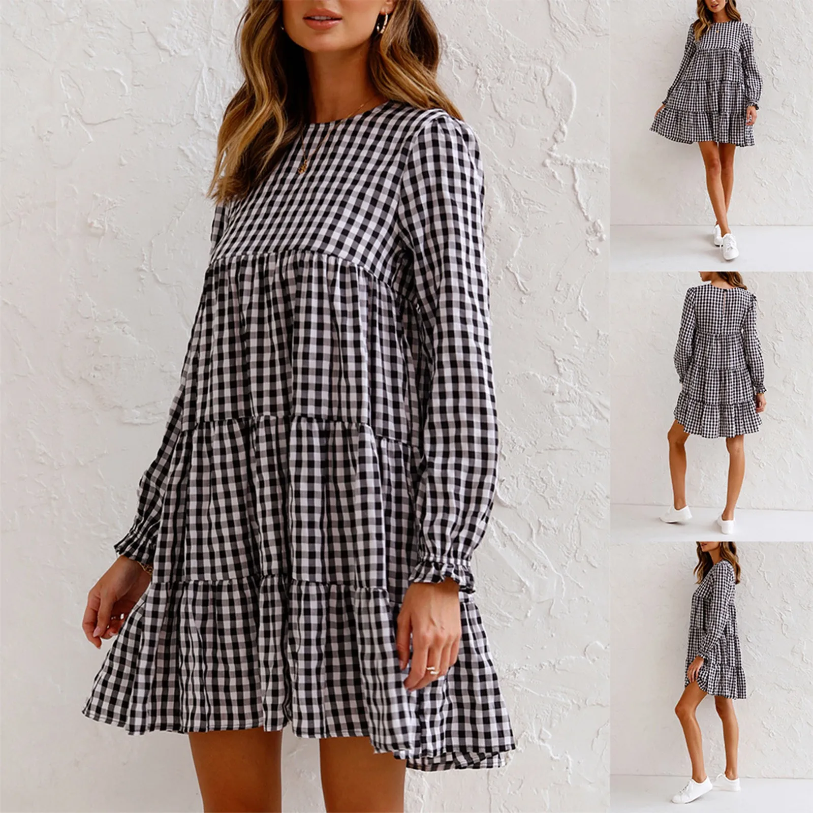 

Plaid Tiered Ruffle Long Sleeve Loose Mini Dress 2023 Summer Women A-line O Neck Women Casual Short Smock Dresses Sexy Robes