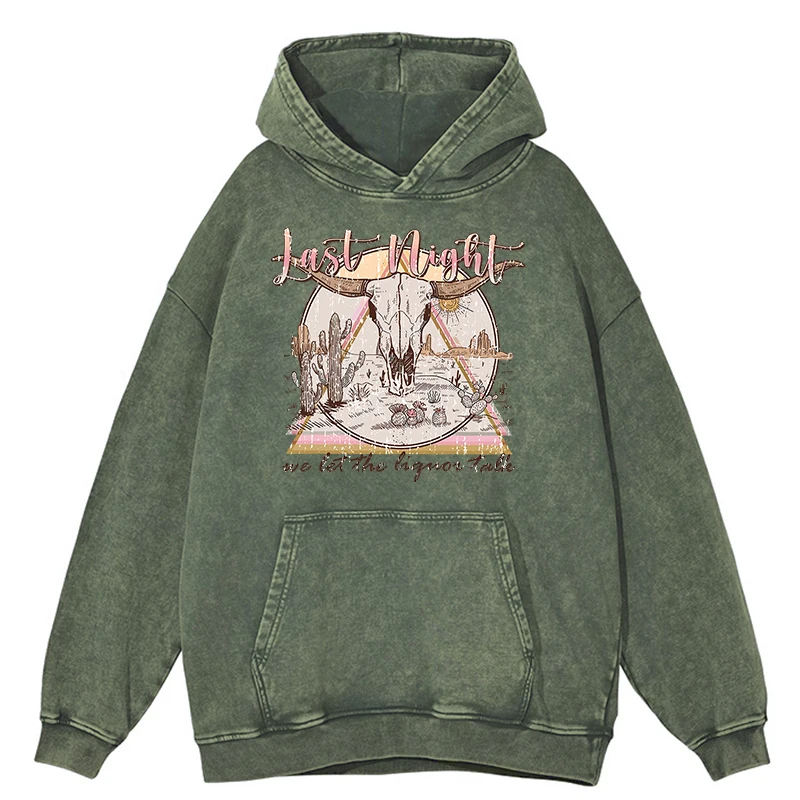 thumbnail image 1 of Sudadera con capucha retro desgastada con la frase "Anoche dejamos que el licor hable" para hombre, estilo hip hop, informal, holgada, 100 % algodón, 1 of 4