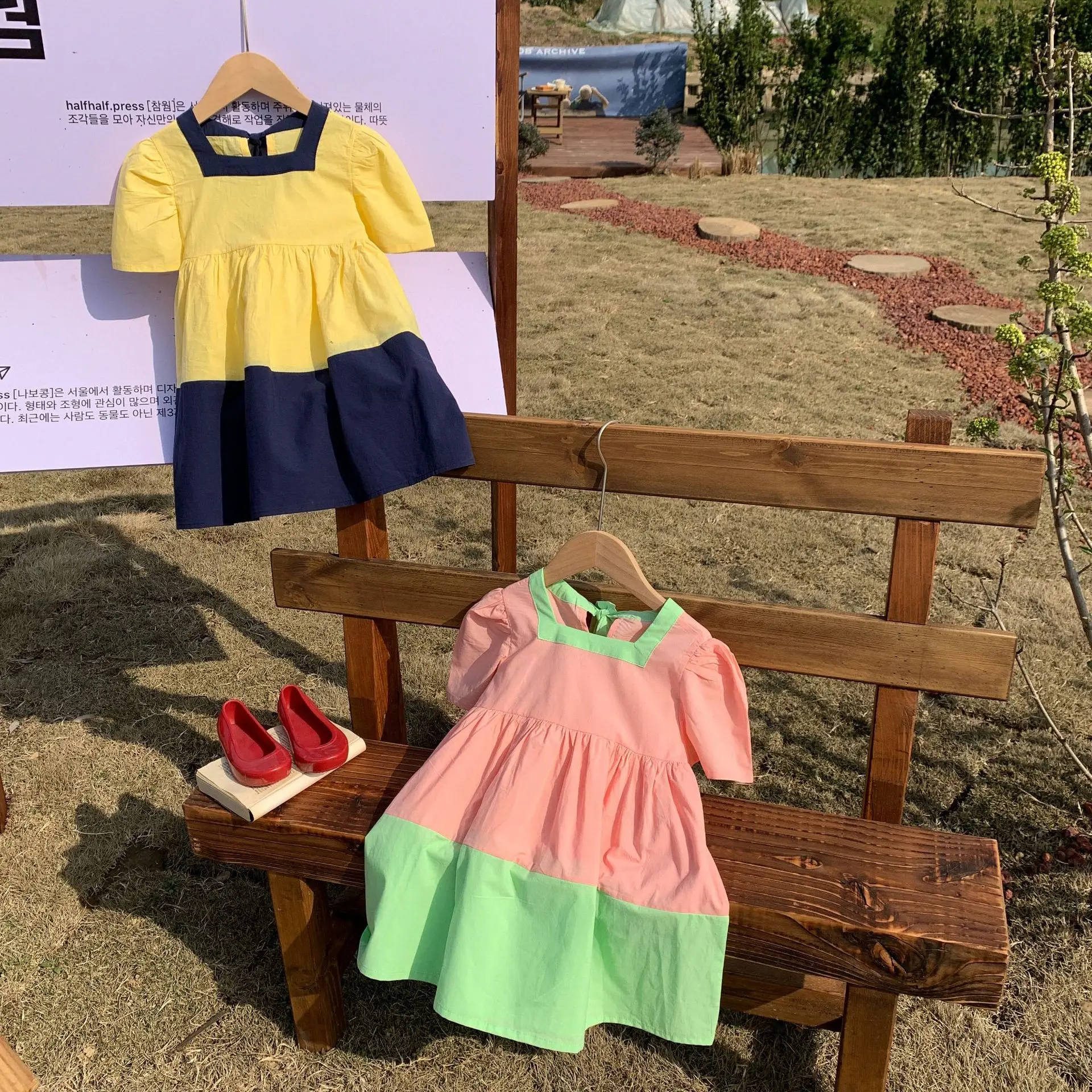 

5247B Girl Dress 2023 Summer New Korean Retro Square Collar Color Stitching Girl's Dress Short-sleeved Casual Dress