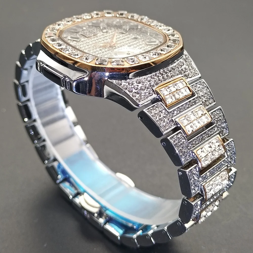 New Top Luxury Brand Watch for Men Big Diamond Crystal Rhinestone Analog Fashion Rose Gold Watches Japan Quartz Wristwatches2021
