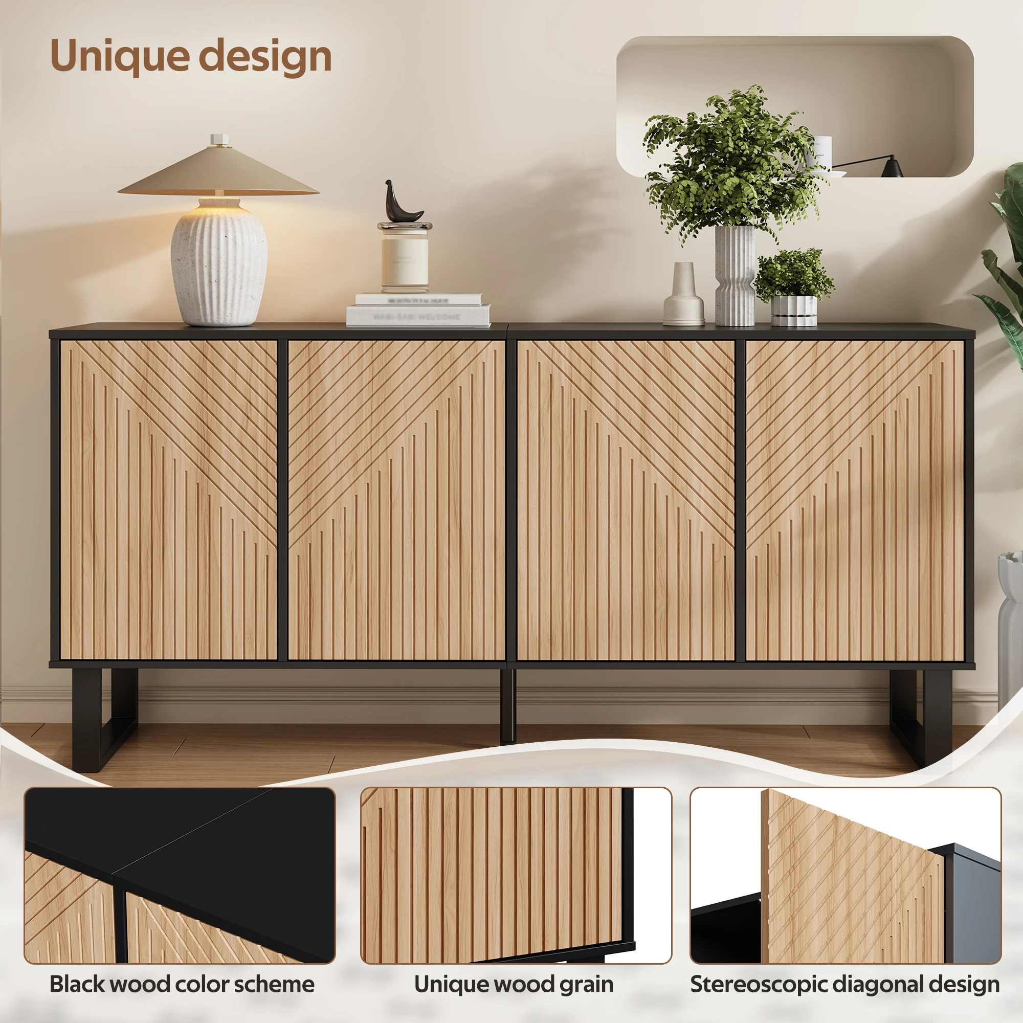 Modernes, minimalistisches Sideboard, kontrastierendes Design in schwarzer Holzmaserung, 3D-gestreifte Vorderseite, extra großer Stauraum – Detail 14