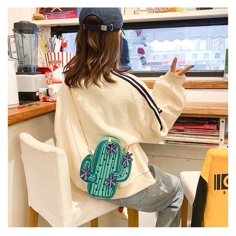 Women Handbags Cactus Shape Shoulder Bag Embroidery Flowers Chain Messenger Mini Crossbody Bags