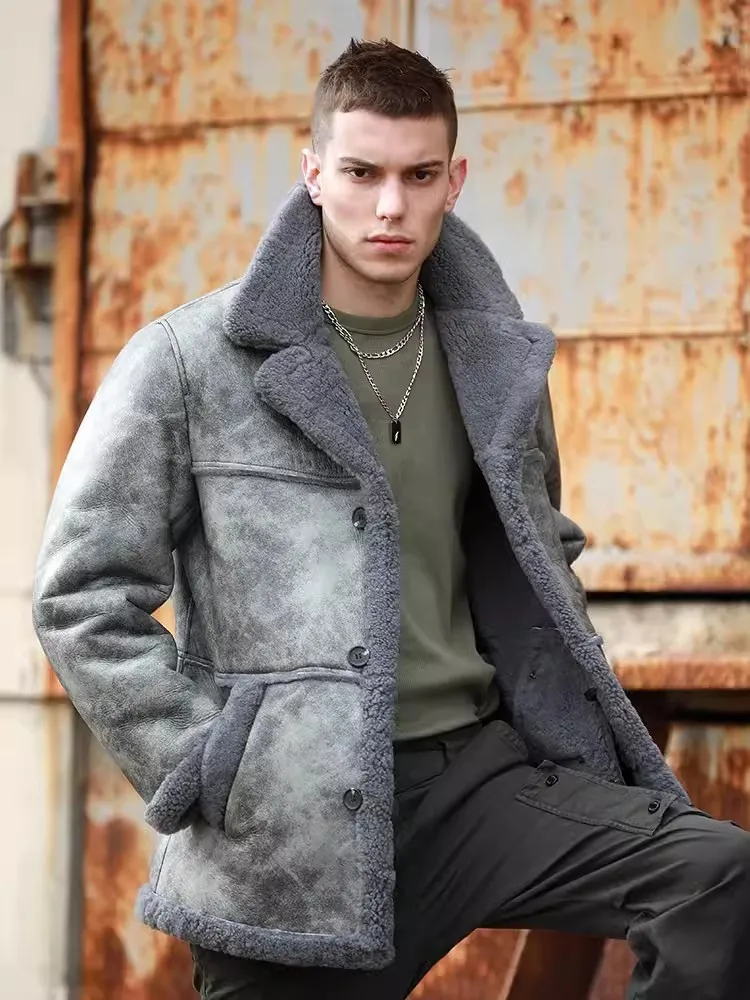 Winter Thick Warm Mens Real Fur Pilot Jacket Original Eco Middle Long Street Motorcycle Overcoat Genuine Leather Shearling Coat