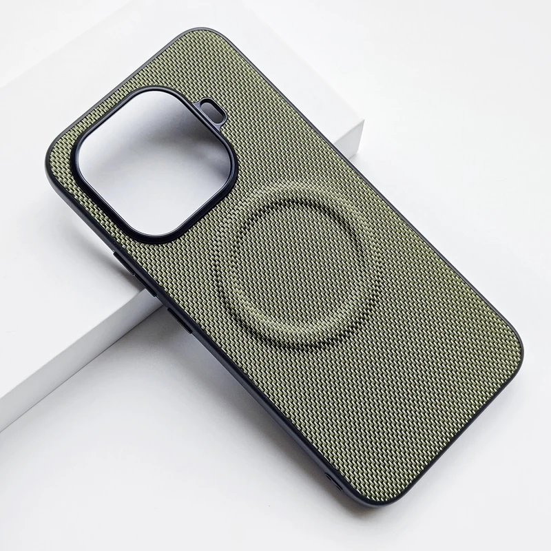 Luxury Magnetic Leather Back Case with Soft TPU & Nylon Woven Finish - Anti-Fingerprint Cover