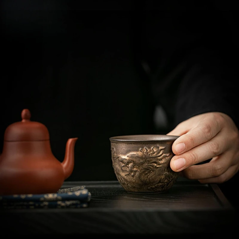 120ml Vintage Ceramic Tea Cup with Dragon Design, Large Capacity Kung Fu Tea Set, Antique Oriental Tea Mug for Gongfu Ceremony