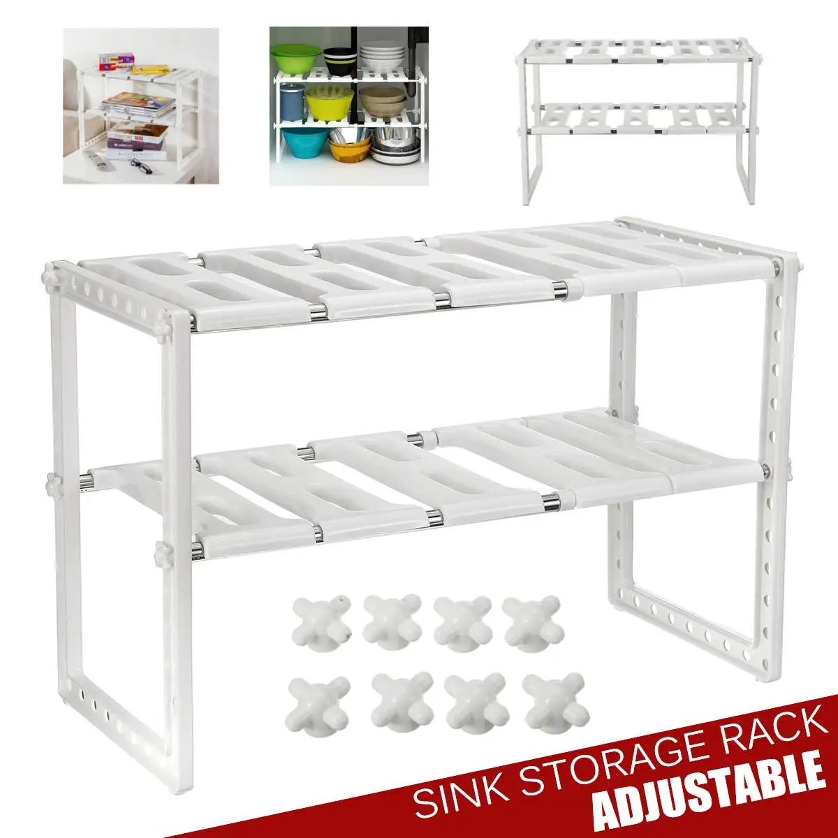 Under Sink 2 Tier Expandable Shelf Organizer Rack Storage Kitchen Tool Holder US 