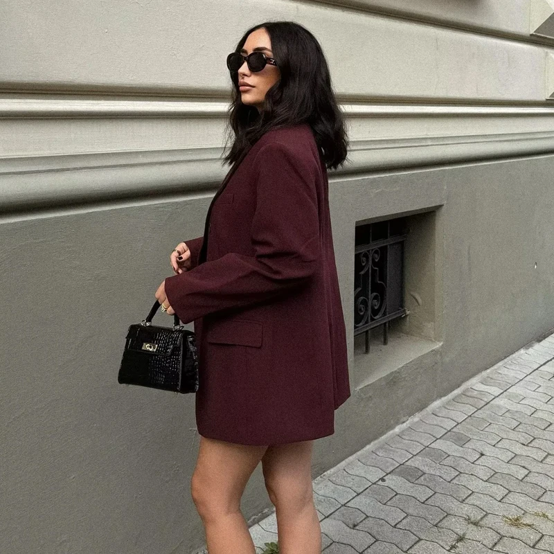 TRAF Women's Blazer Outerwears Office Wear Women Suit Jacket Autumn Long Sleeve Burgundy Blazers Formal Woman Minimalist Blazer 4