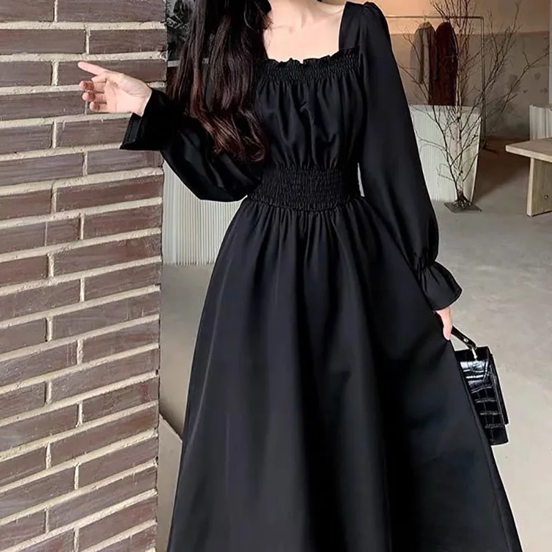 

Black Elegant Dress Women Vintage Long Sleeve Summer Dresses Y2k Square Collar Korean Casual Robe Streetwear Hepburn Style Dress