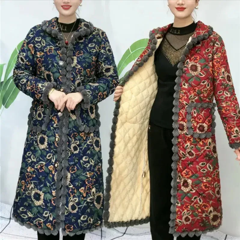 Autumn Winter New Home Clothes Long Women's Cotton Jacket Fleece Lined Warm Versatile Mommy's Top Thick Winter Coat