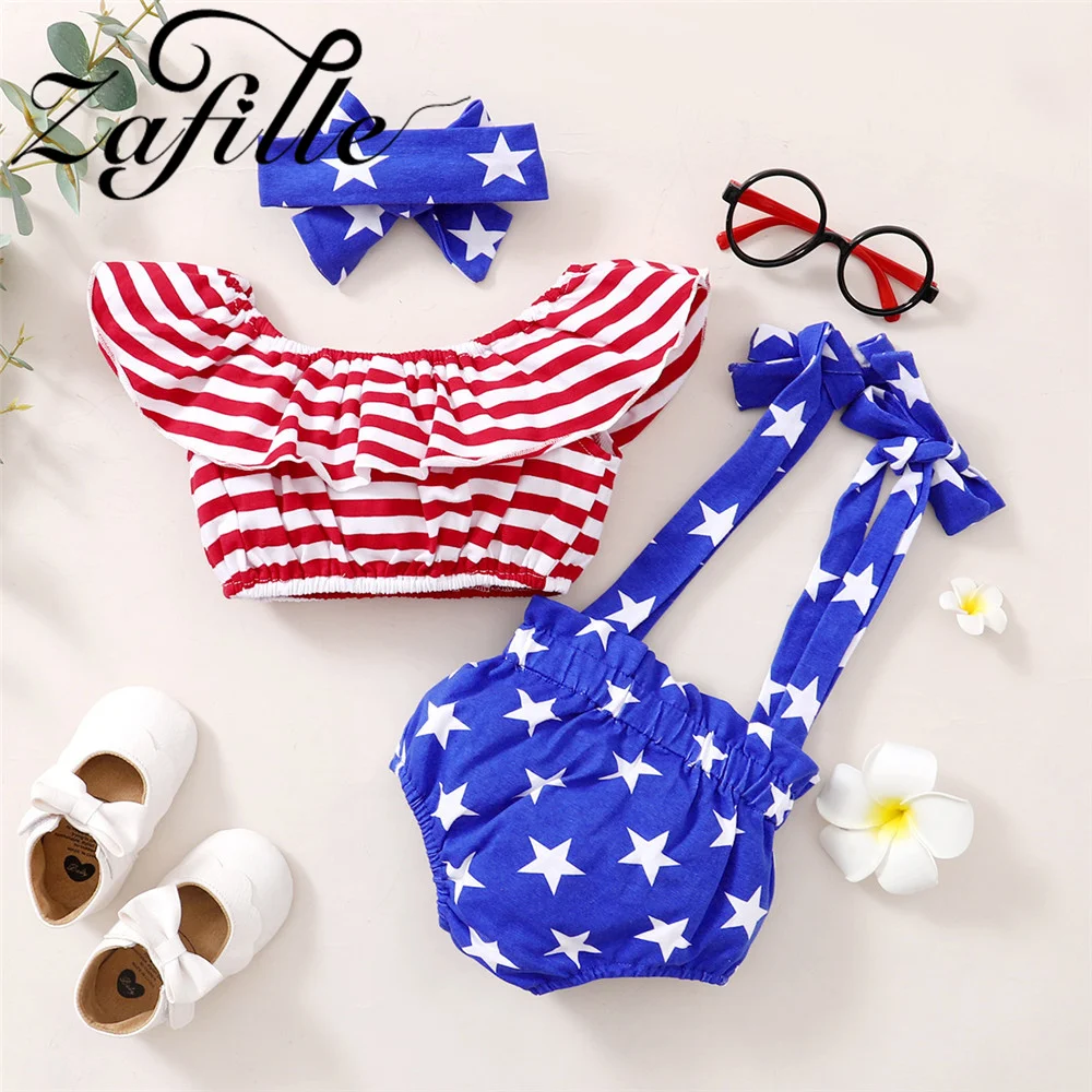 ZAFILLE 3Pcs 4th Of July Baby Outfits Stars Striped Printed Kids Toddler Costume Girls Outwear Summer Newborn Girls Clothes Set sun baby clothing set