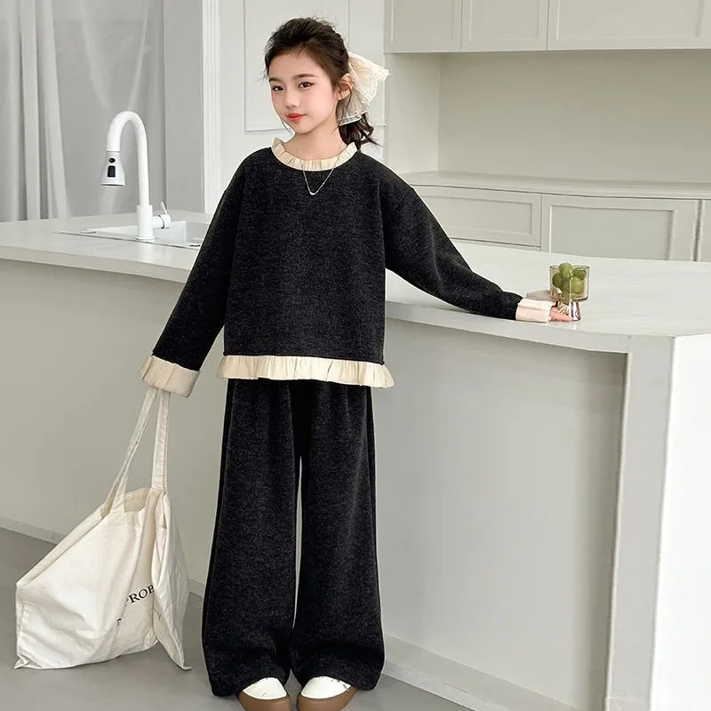 طقم بلوزات وسراويل متطابقة مع أذن خشبية مكون من قطعتين سويت شيرت وملابس بناتي مكونة من قطعتين من عمر 11 إلى 12 سنة للشتاء