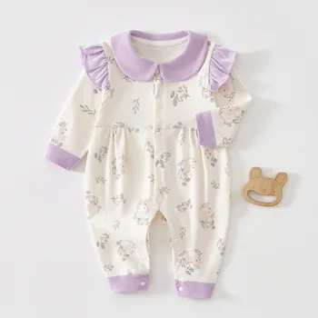 0-18 أشهر الطفل بذلة ربيع الخريف نمط بذلة الدانتيل طوق بأكمام طويلة القطن الخالص الوليد طفلة الملابس في الهواء الطلق