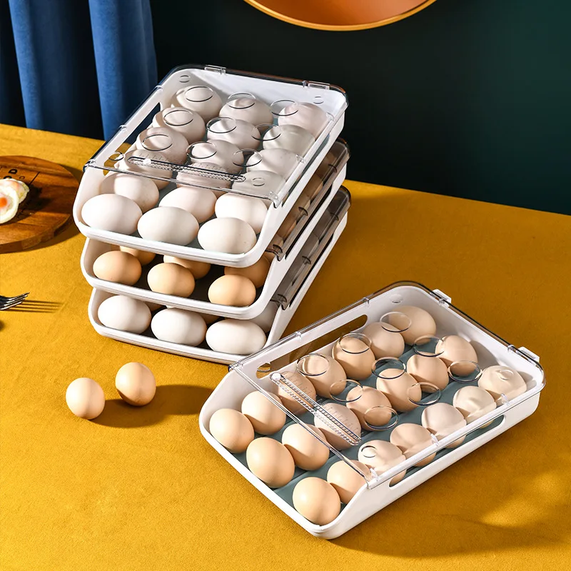 

Creative Stackable Auto Rolling Egg Box Kitchen Refrigerator Egg Fresh-keeping Storage Box Transparent Drawer Egg Tray with Lid