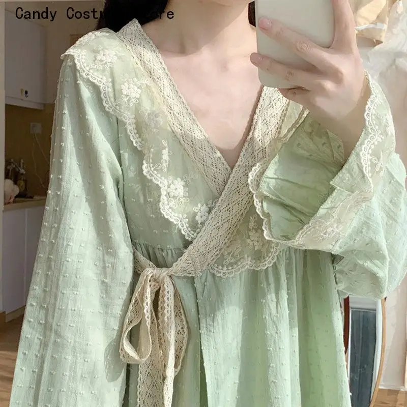 Fairy V-neck Lace Spring Pajama Sets Women Sashes Loose Elegant Tender Stylish Chic Japan Sleepwear Lounge Ins Kimono Designed