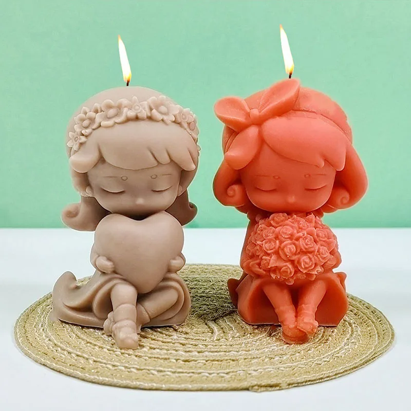 

3D Rose Heart-shape Girl Candle Silicone Mold DIY Rose Girl Handmade Scented Candle Gypsum Resin Mold Valentine's Day Decor Gift