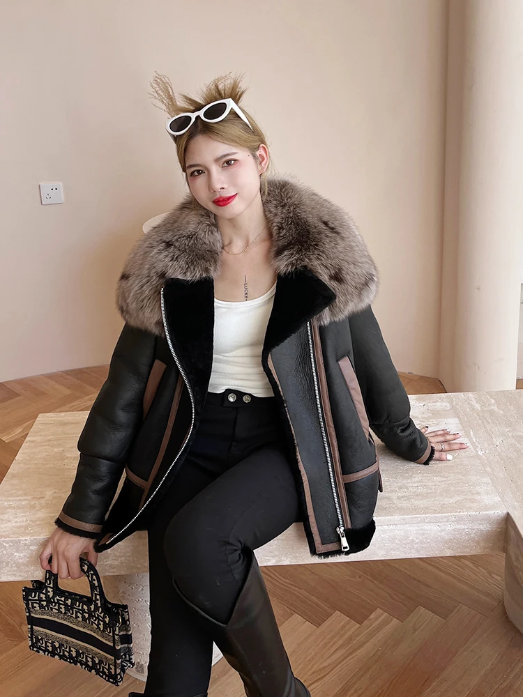Winter Women Luxury Fox Fur Collar Moto Biker Natural Shearling Jacket Real Fur Wool Lining Loose Fit Coat Thick Warm Overcoat