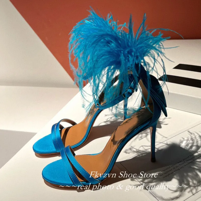 Sexy Peep Toe Feather Sandals High Heels Party Shoes Ankle Strap Gladiator Stiletto Summer White Shoes For Women Zapatos Mujer