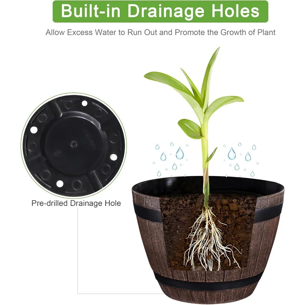 Plant Pots with Drainage Holes & Saucer, 9/11.3/13 Inch Flower Pots with Tray,3 Pack Plastic Whiskey Barrel Planters for Indoor 3