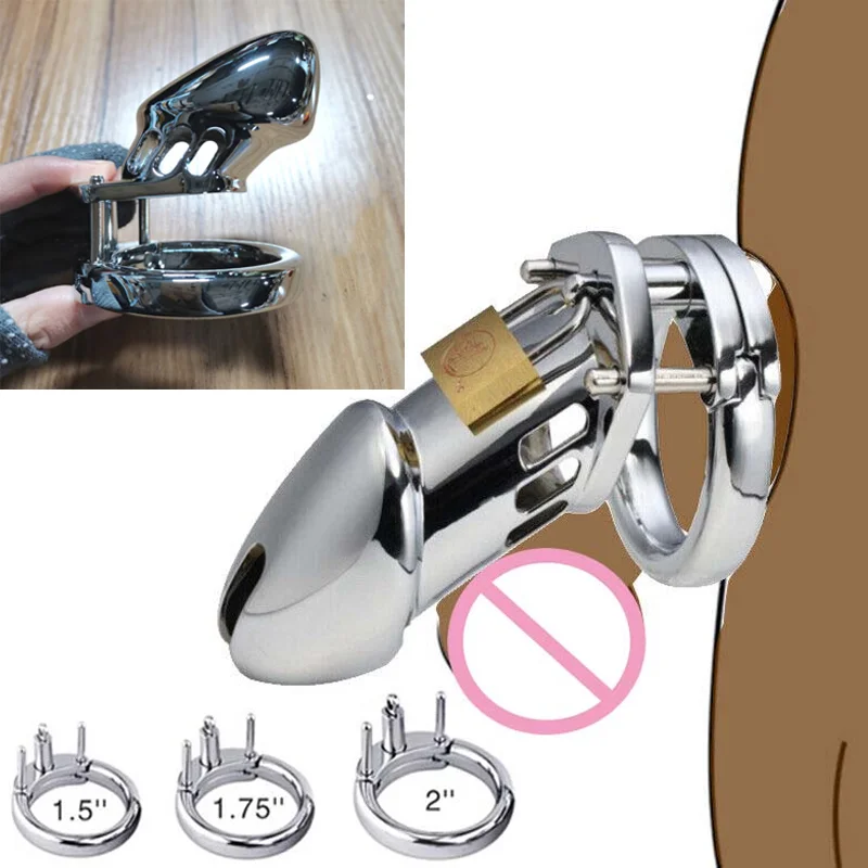 

Male Stainless Steel/Chrome Plated Metal Chastity Cock Cage Lock BDSM Bondage Penis Ring Device Urethral Hole Adult Sex Toys Men