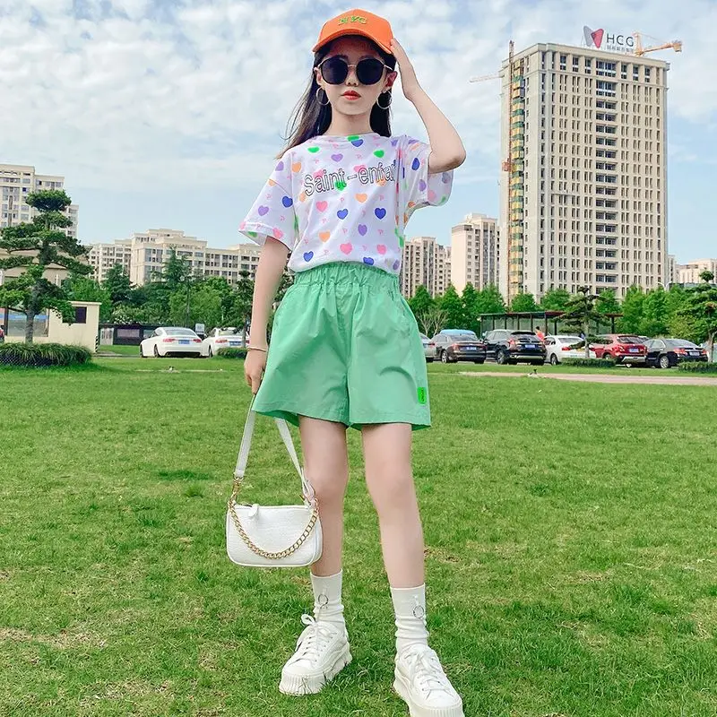 

New Teen Clothes for Girls Summer Casual Crewneck Letter Print Top T-shirt + Elastic Waist Shorts 2pcs Streetwear Kid Wear 4-12Y