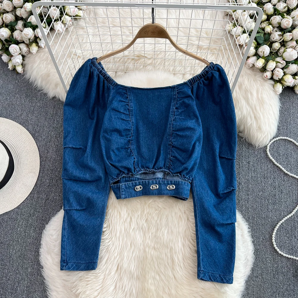

Autumn New French Retro Temperament Square Neck Slim Waist Hollow Denim Short Crop Top