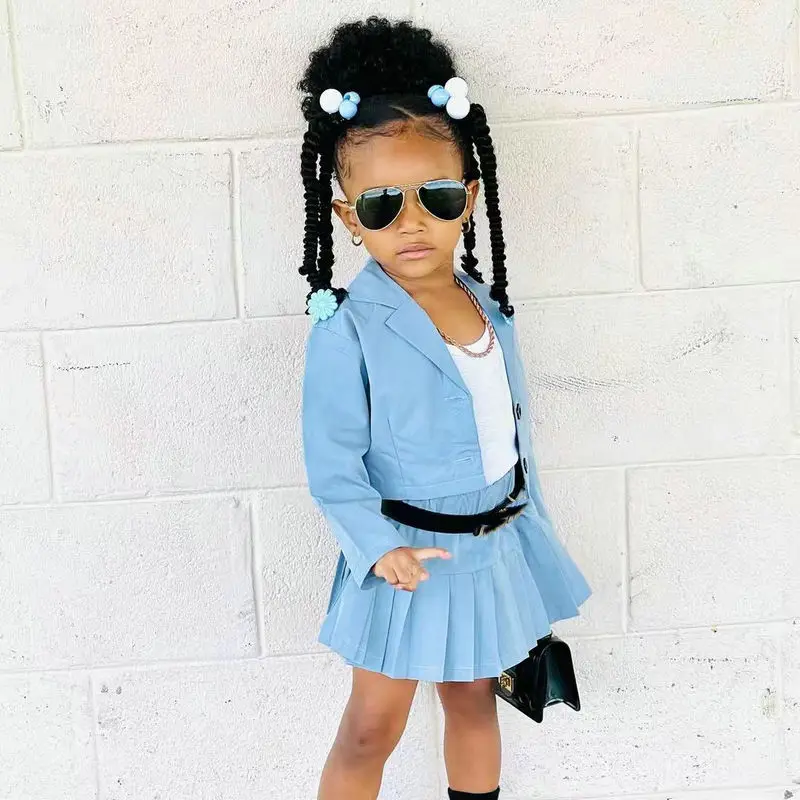 1-8Years Summer Girls Clothes 2pcs/sets Long Sleeve Blazer Coat+