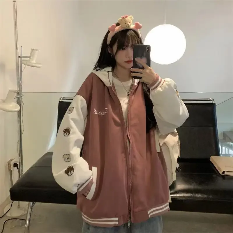 Women's Blue Print Casual Loose Jacket, Baseball Jacket, Hooded Women's Coat, New Sports Style, 2024 Autumn and Winter