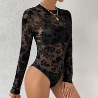 Sexy Women's Black Floral Flocking Sheer Mesh Mock Neck Long Sleeve Bodysuit - Image 3