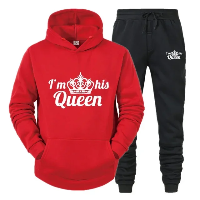 thumbnail image 1 of Chándal con estampado de QUEEN y KING para hombre y mujer, Sudadera con capucha para parejas, ropa deportiva para amantes, conjunto de 2 piezas, 1 of 5