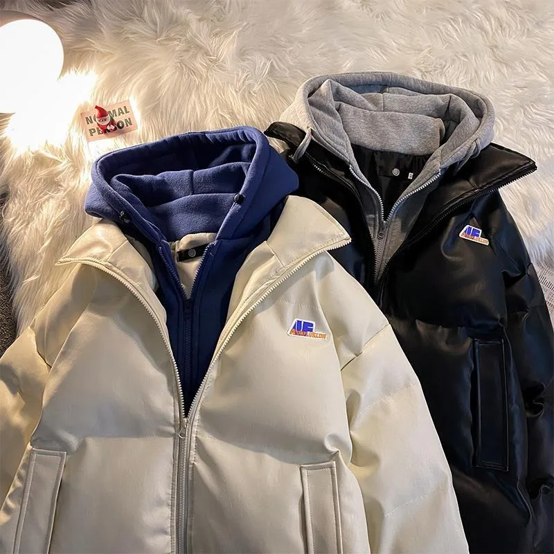 Fake Two-Piece Cotton-Padded Coat Men Winter Korean Style Loose PU Leather All-Matching Hooded Handsome Cotton Jacket Coat