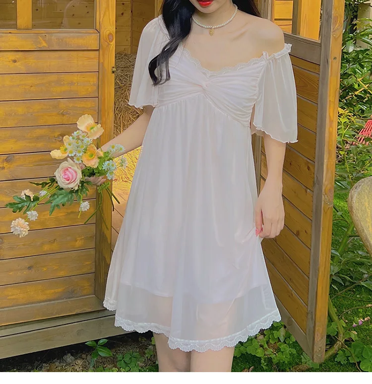 Summer new pajamas women's summer lace mesh sexy short-sleeved nightdress with chest pad dress home clothes