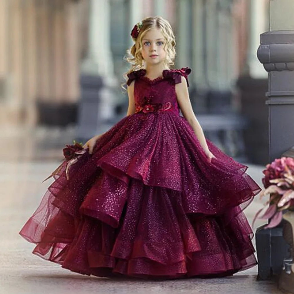 

Burgundy Flower Girl Dress For Wedding Lace Beadding Floral Appliqued Sleeveless Pageant Dresses Party Gowns Princess Dress