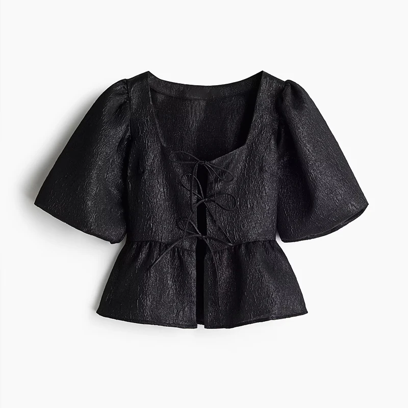 Elegant Square Collar Crop Blouses Women Lace Up Puff Short Sleeve Shirts 2025 Spring Summer Lady All-match Hollow Out Tops New