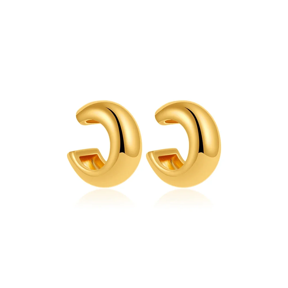 Polished Metal Small Circle Hoops CC Clip Earrings for Women Girls Stainless Steel Gold Plated Chunky Earclips Ear Wrap Clips