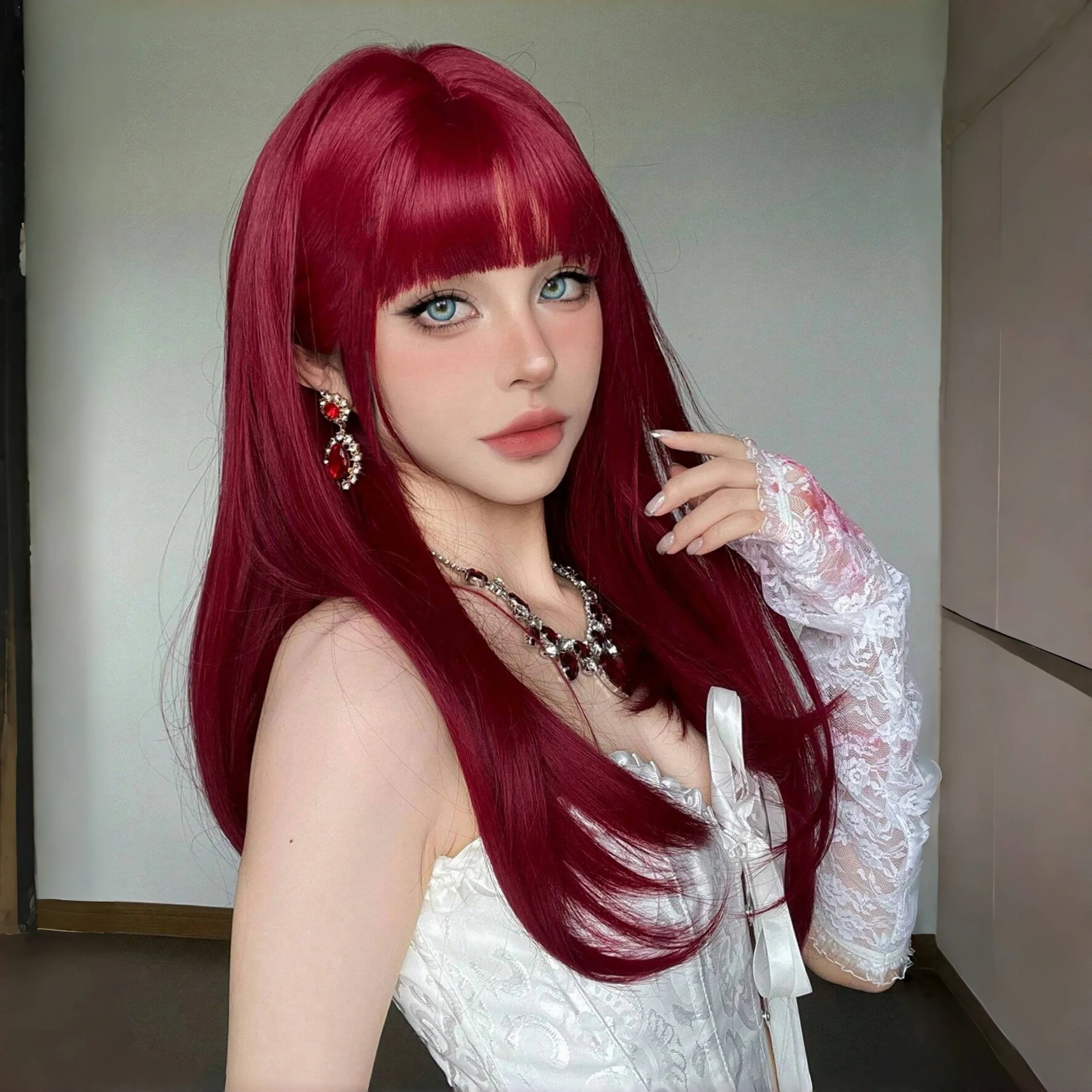 Wine Red Silky Long Straight Wigs Cosplay Synthetic Wig with