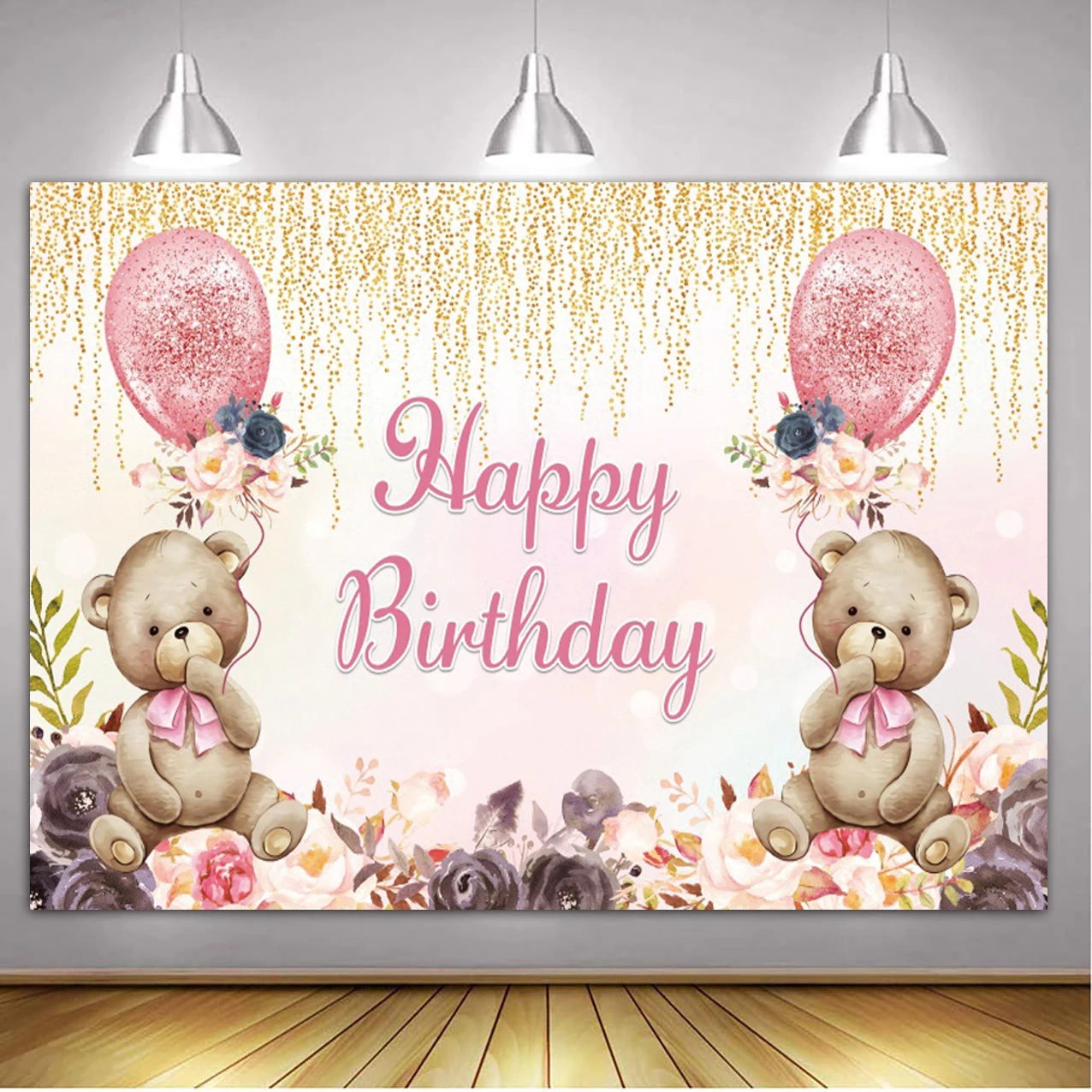 Teddy Bear Baby Shower Backdrop with Floral and Balloon Decor for Photography and Kid's Birthday Parties