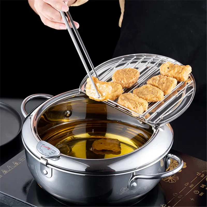 

Japanese Deep Frying Pot with a Thermometer and a Lid 304 Stainless Steel Kitchen Tempura Fryer Pan 20 24 cm pots and pans