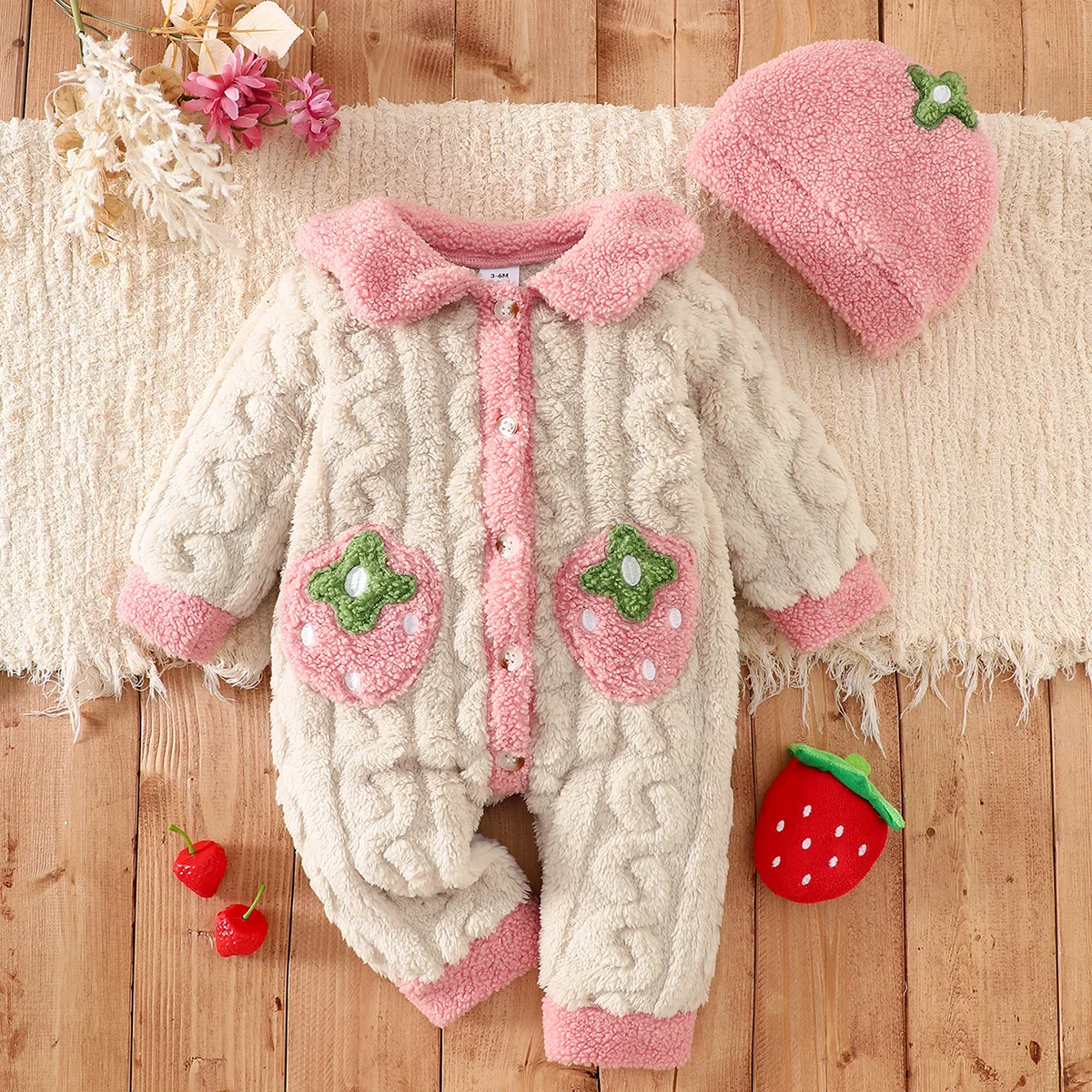 Baby Thick Double-Sided Fleece Doll Collar Romper Set Sweet 3D Strawberry Pocket Cable Knit Romper + Matching Warm Hat Soft and Warm for Winter Outings 1