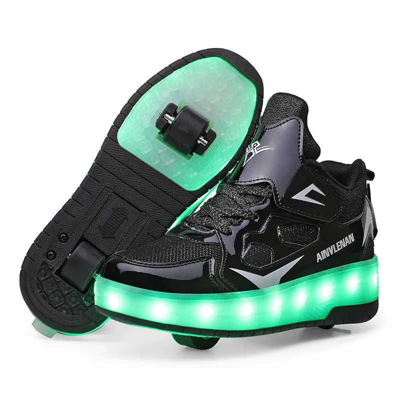 LED Children Wheels High Shoes USB Charging Fashion Air Mesh Breathable Boys & Girls Kids Roller Sneakers Size 27-41 breathable led children wheels shoes usb charging fashion air mesh boys