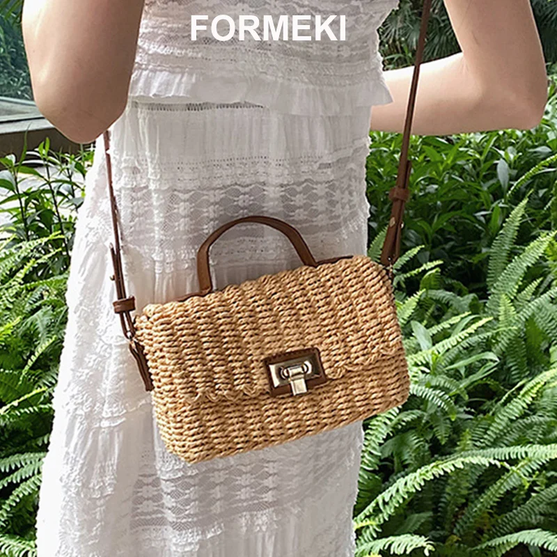 

Formeki Straw Bag For Women 2023 Hollow Out Summer Ins Fashion Women Crossbody Bag Square Holiday Beach Bag Handbag